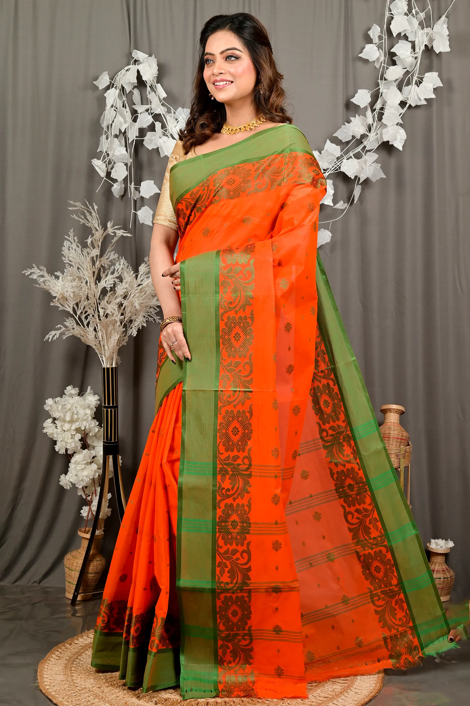 Orange Pure Cotton Heruka Tant Saree (3143)