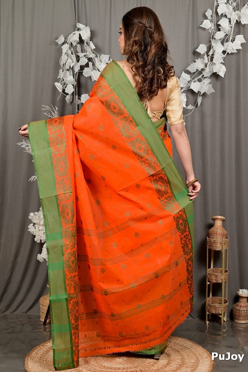 Orange Pure Cotton Heruka Tant Saree (3143)
