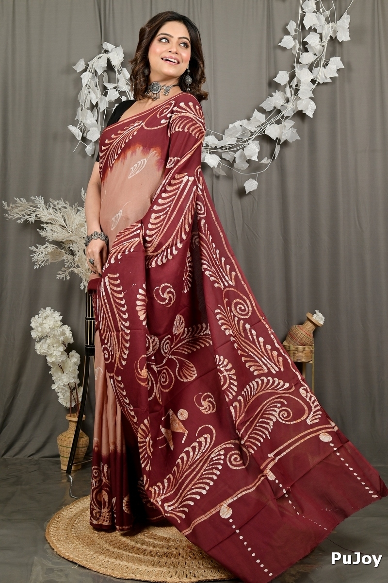 Brown Pure Cotton Pihu Batik Print Saree (3144)