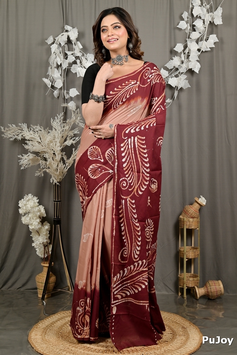 Brown Pure Cotton Pihu Batik Print Saree (3144)