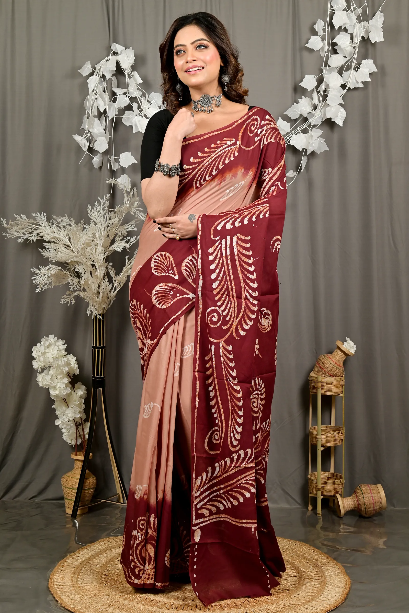 Brown Pure Cotton Pihu Batik Print Saree (3144)