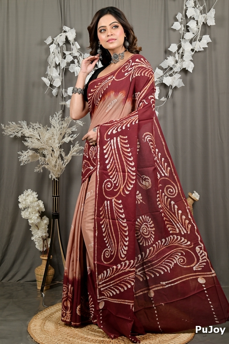 Brown Pure Cotton Pihu Batik Print Saree (3144)