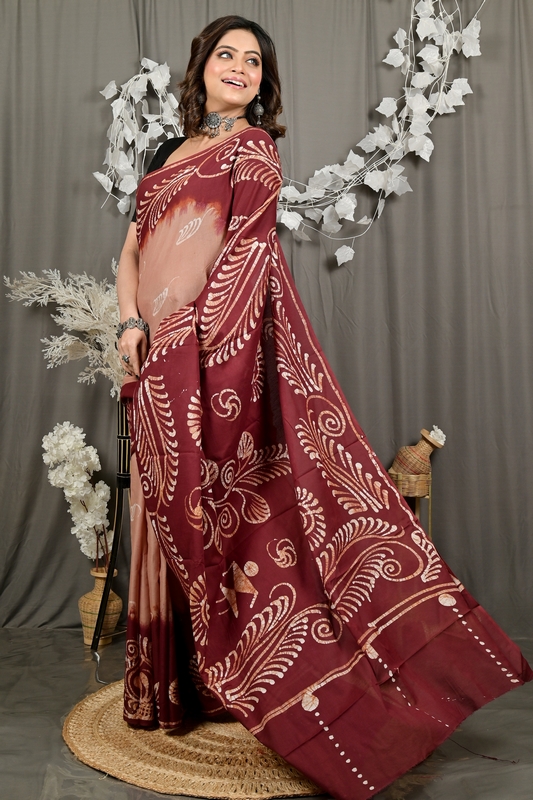 Brown Pure Cotton Pihu Batik Print Saree (3144)