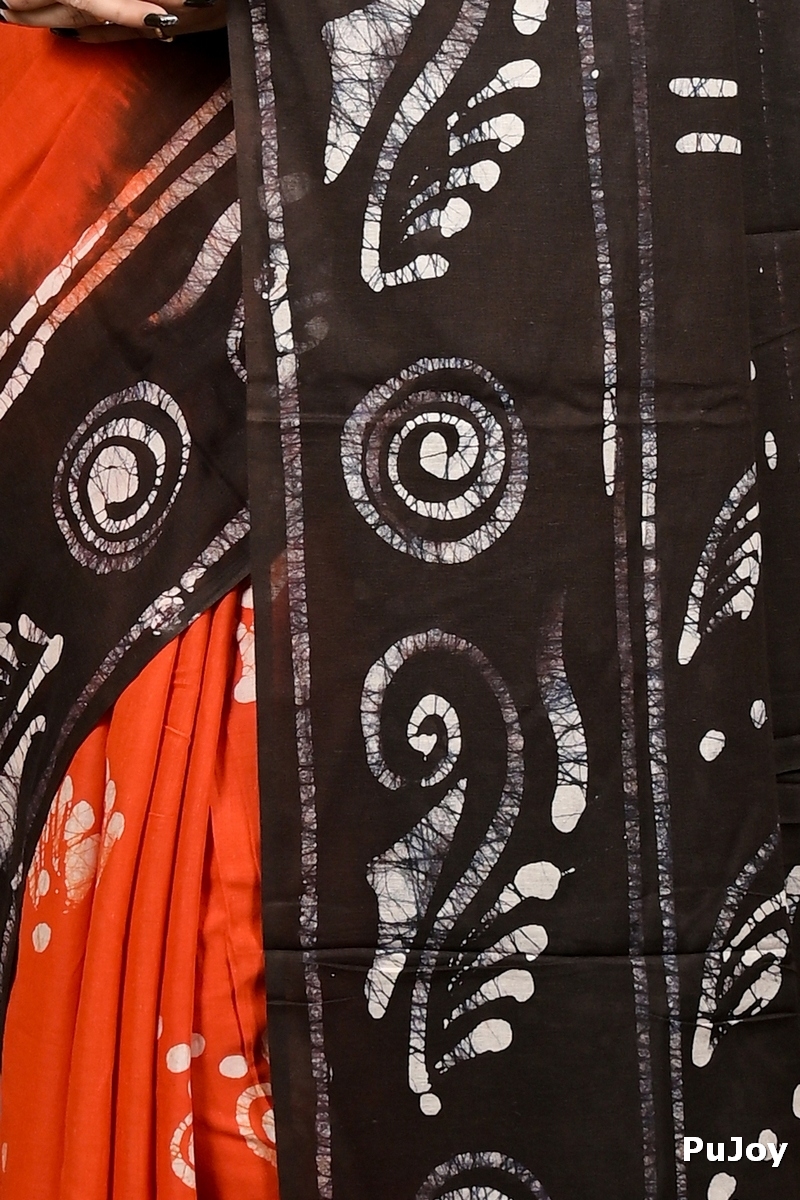Dark Orange Pure Cotton Pihu Batik Print Saree (3145)