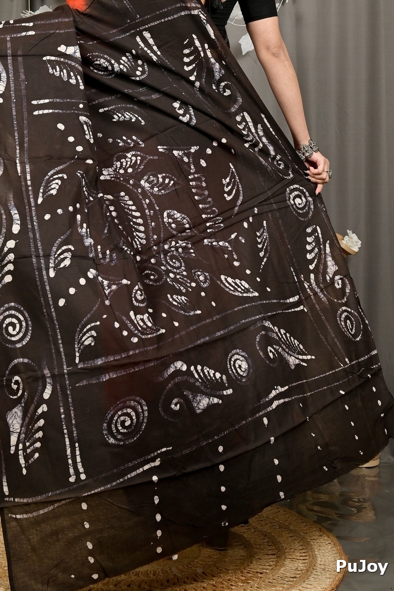Dark Orange Pure Cotton Pihu Batik Print Saree (3145)