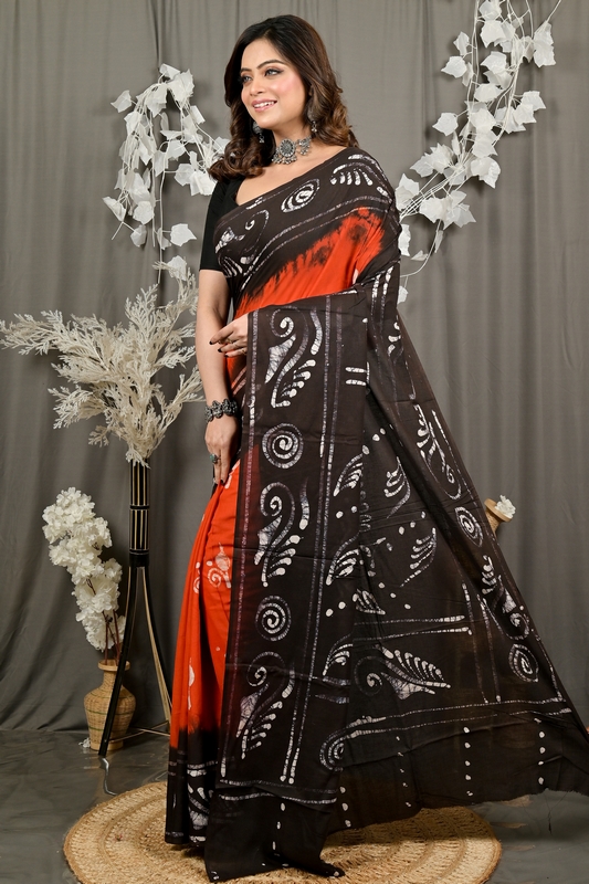 Dark Orange Pure Cotton Pihu Batik Print Saree (3145)