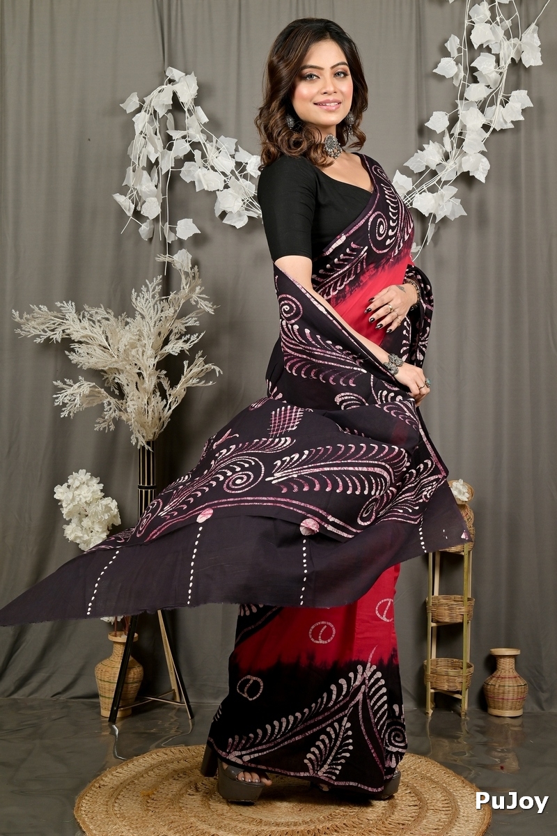 Maroon Pure Cotton Pihu Batik Print Saree (3146)