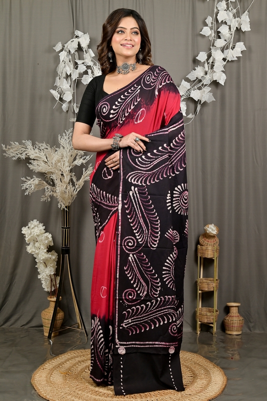 Maroon Pure Cotton Pihu Batik Print Saree (3146)