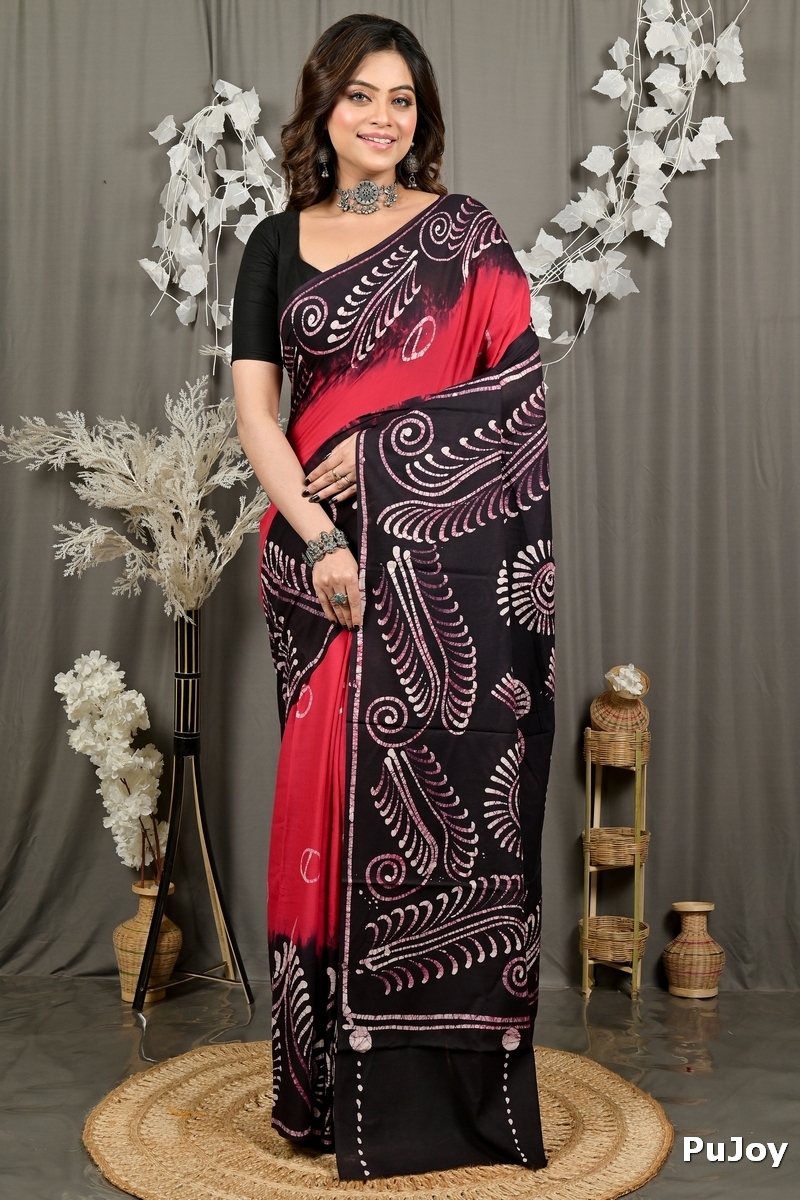 Maroon Pure Cotton Pihu Batik Print Saree (3146)