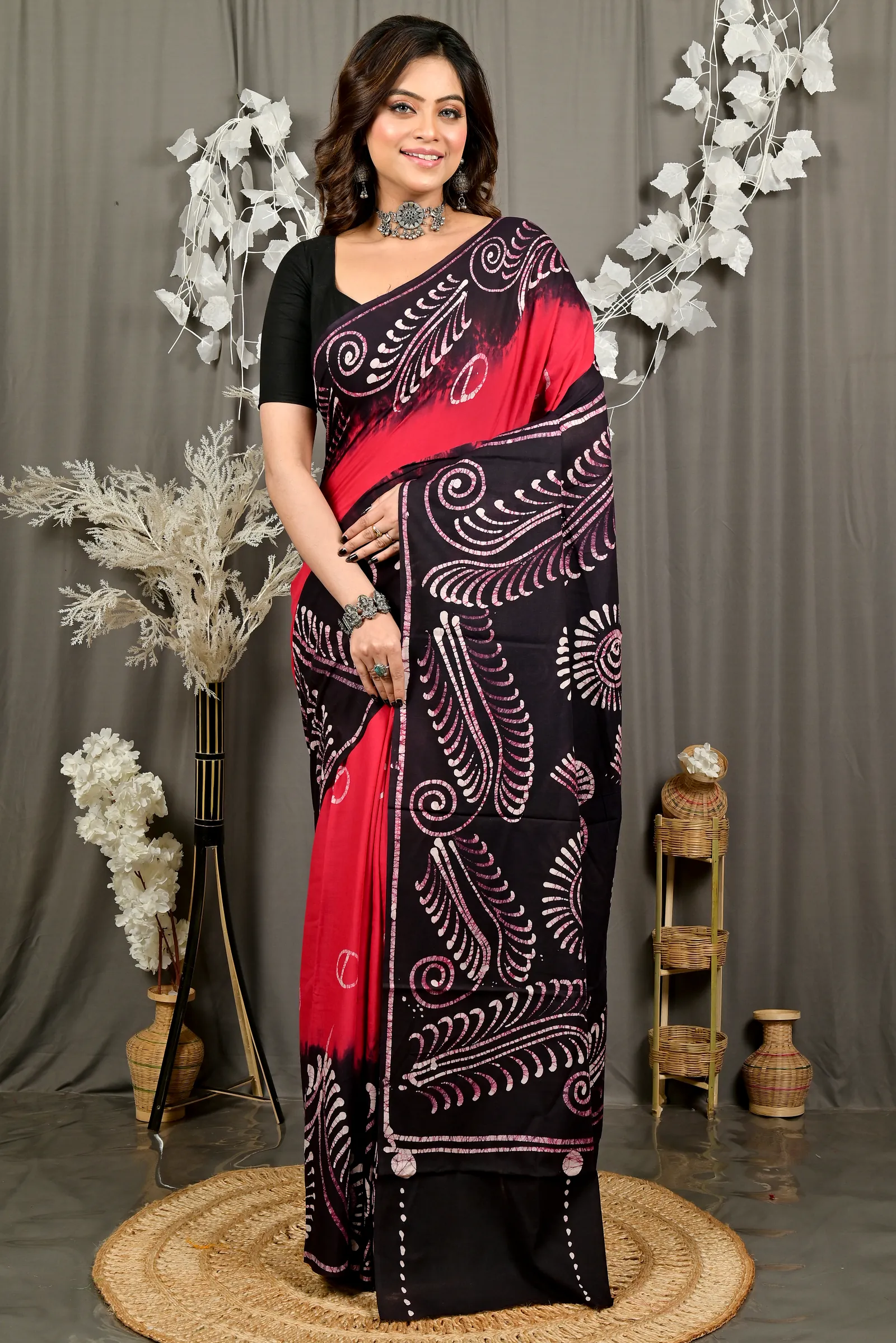 Maroon Pure Cotton Pihu Batik Print Saree (3146)