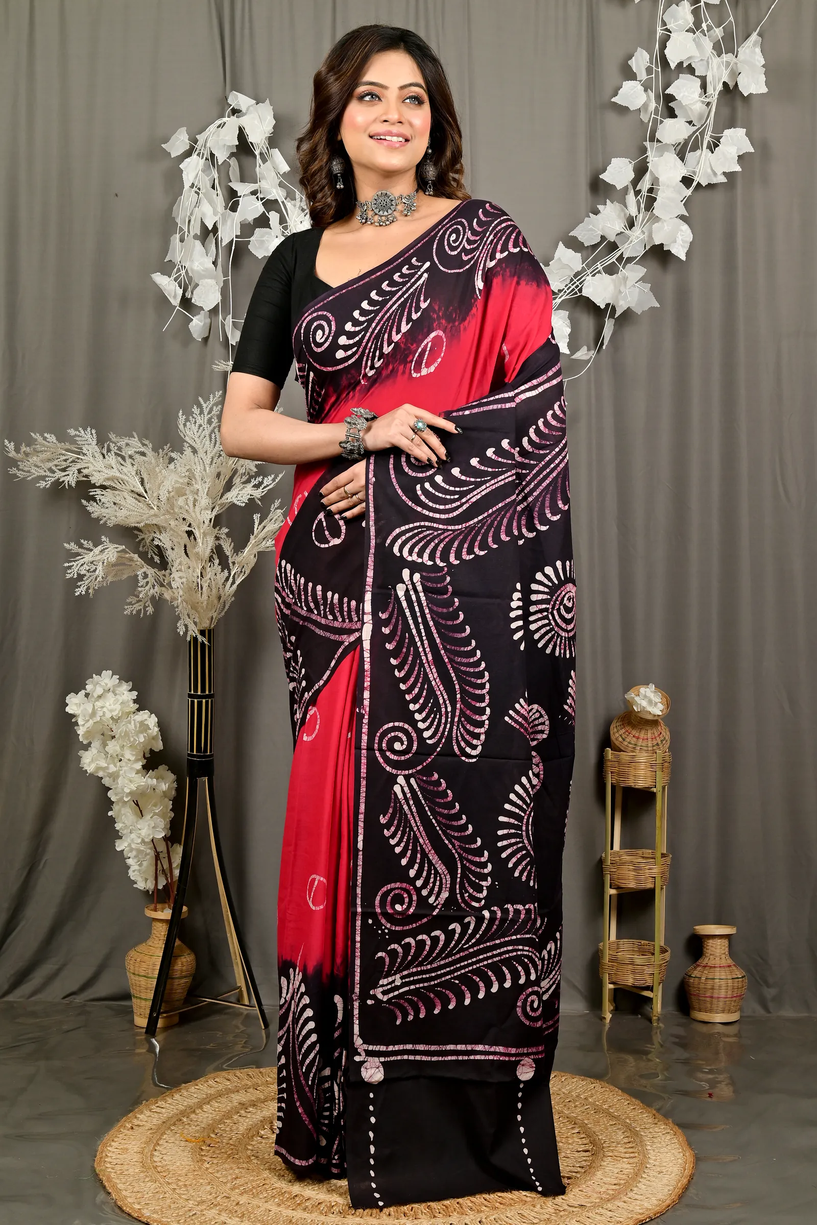 Maroon Pure Cotton Pihu Batik Print Saree (3146)