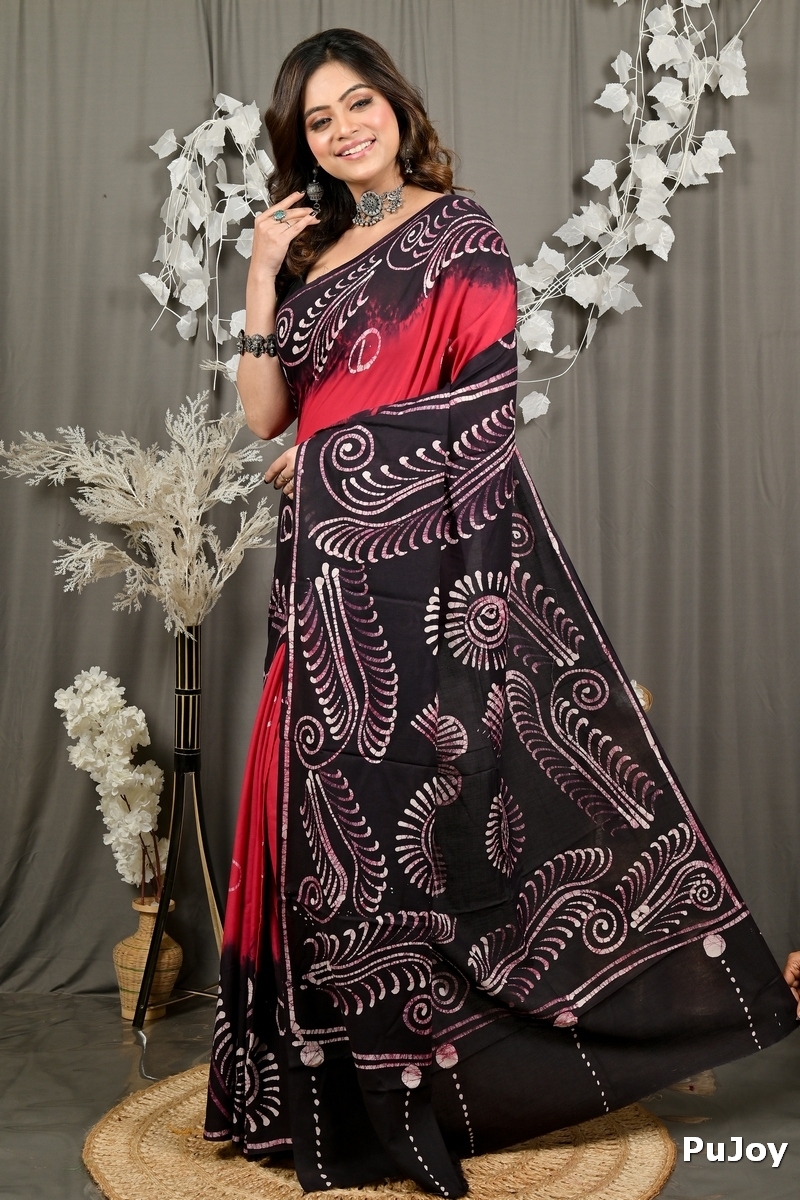 Maroon Pure Cotton Pihu Batik Print Saree (3146)