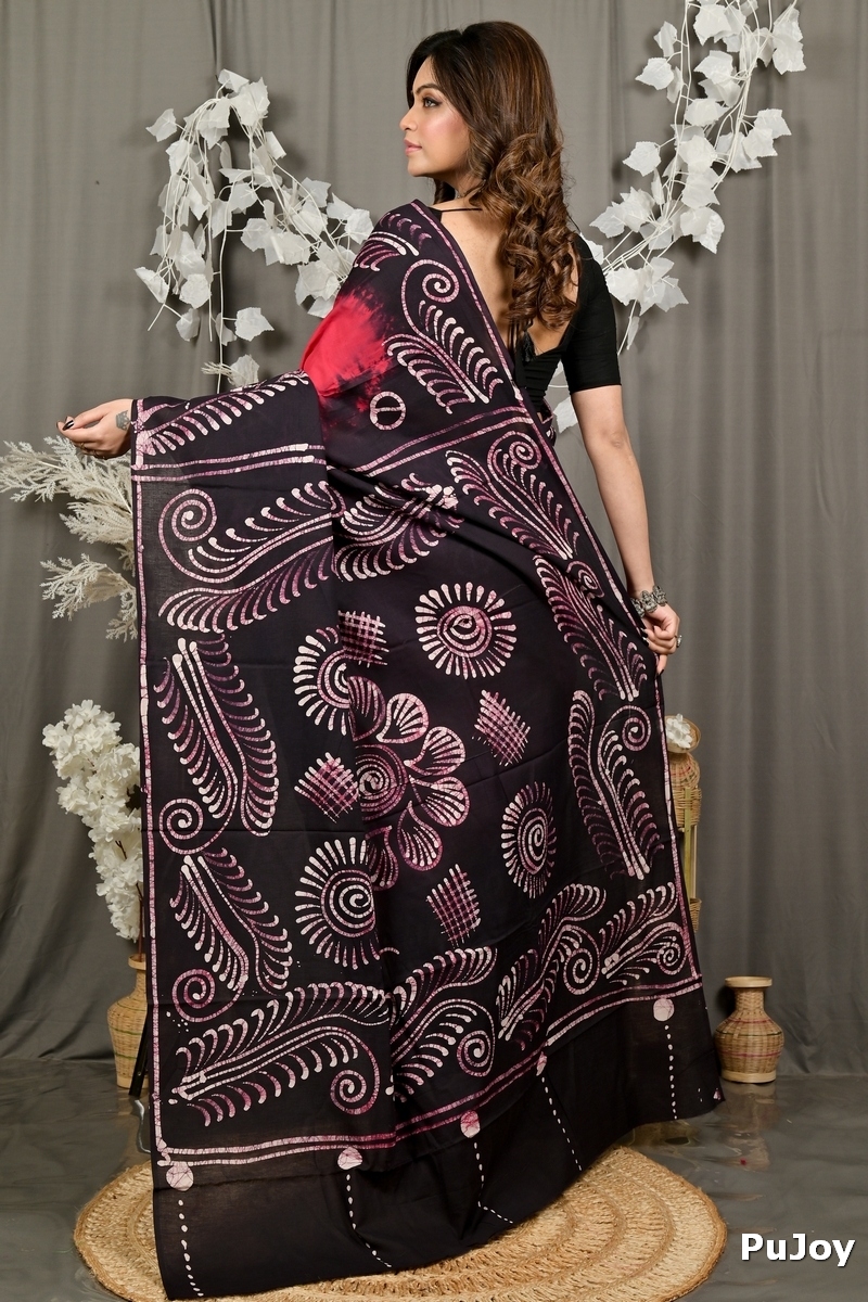 Maroon Pure Cotton Pihu Batik Print Saree (3146)