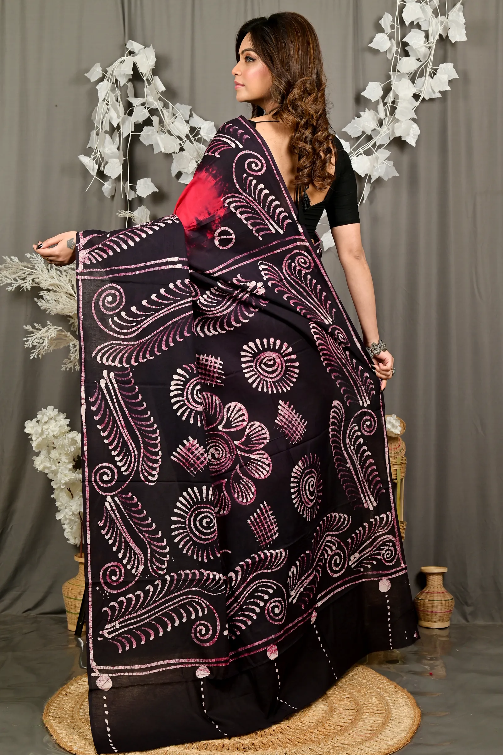 Maroon Pure Cotton Pihu Batik Print Saree (3146)