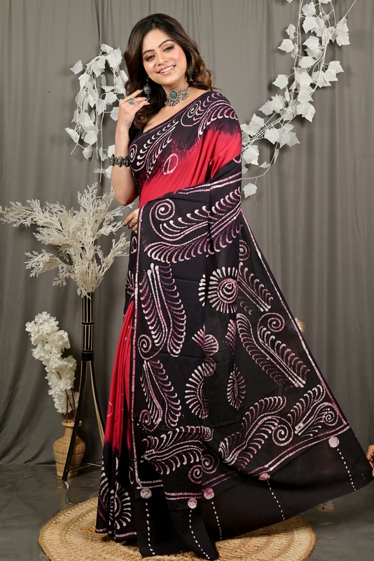 Maroon Pure Cotton Pihu Batik Print Saree (3146)