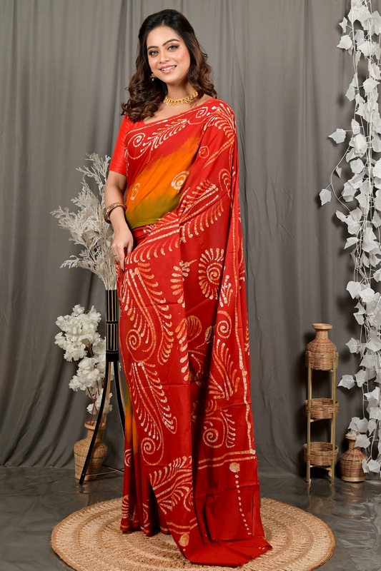 Red Pure Cotton Pihu Batik Print Saree (3147)