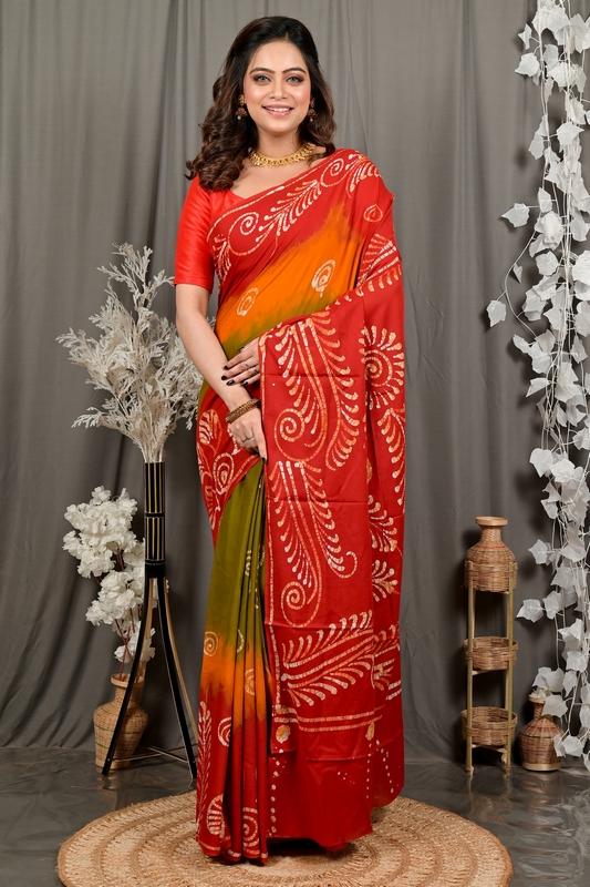 Red Pure Cotton Pihu Batik Print Saree (3147)