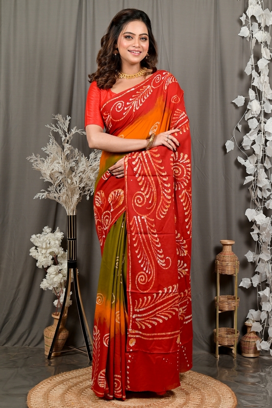 Red Pure Cotton Pihu Batik Print Saree (3147)