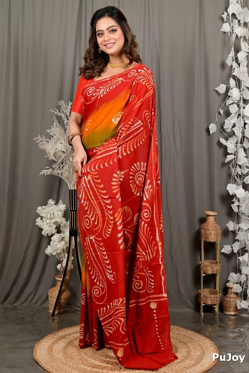 Red Pure Cotton Pihu Batik Print Saree (3147)