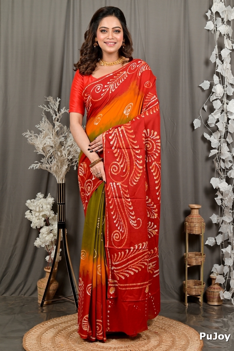 Red Pure Cotton Pihu Batik Print Saree (3147)