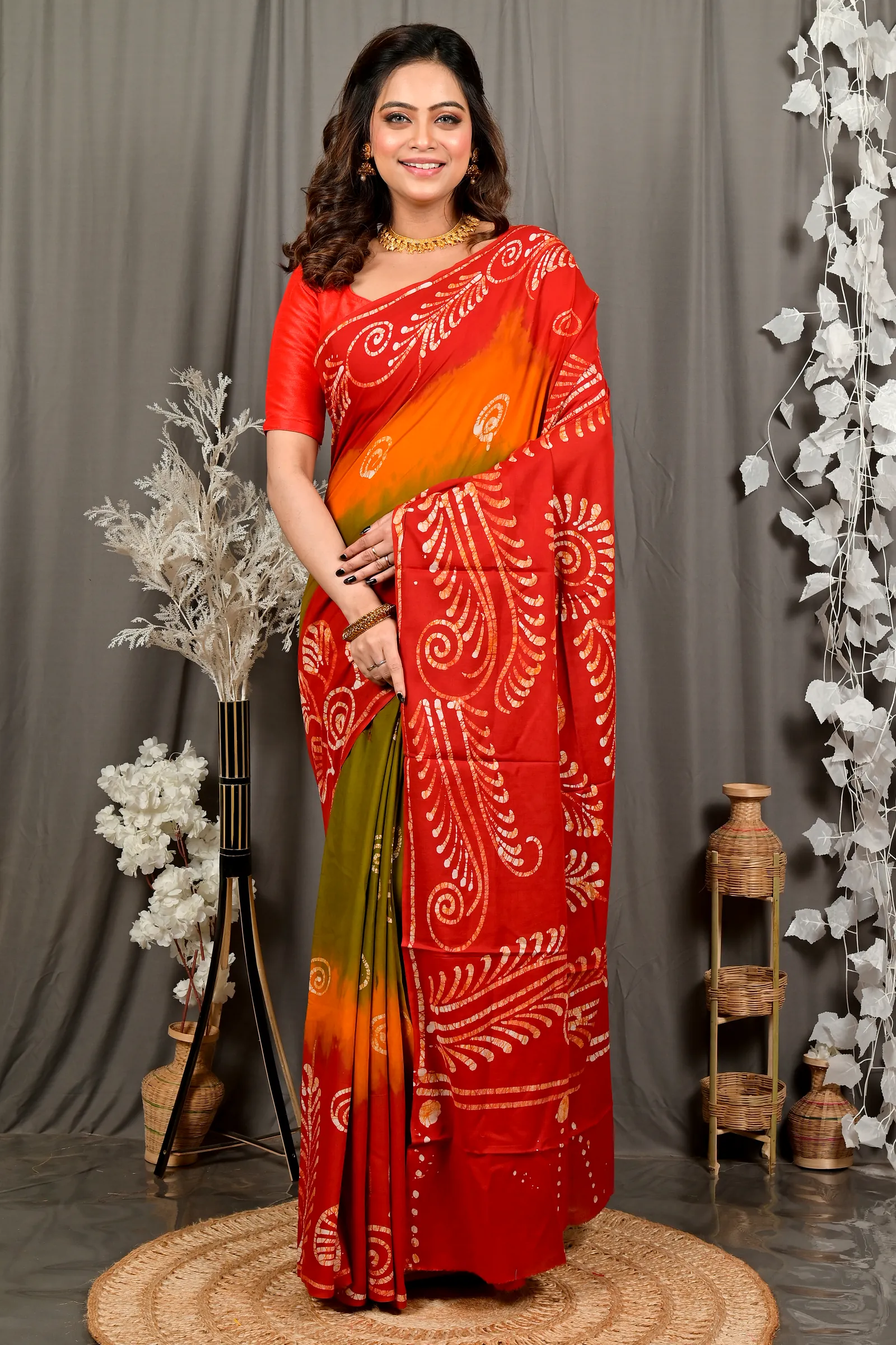 Red Pure Cotton Pihu Batik Print Saree (3147)