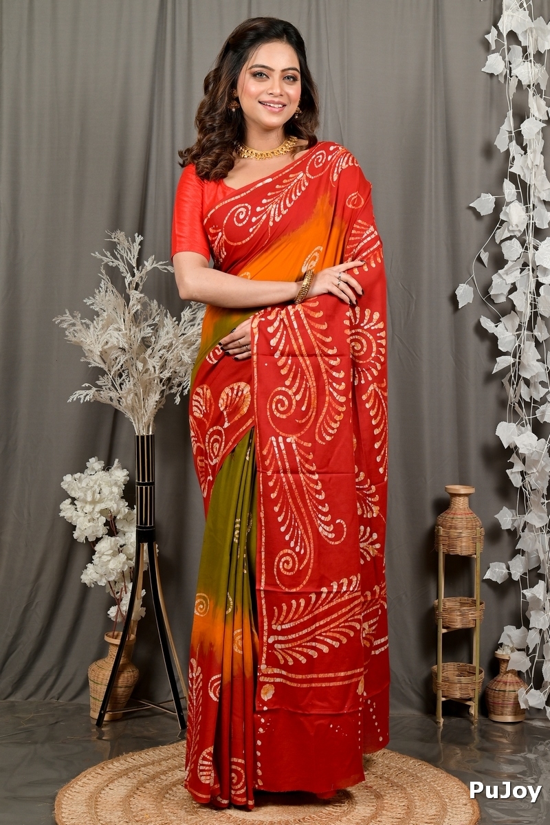 Red Pure Cotton Pihu Batik Print Saree (3147)