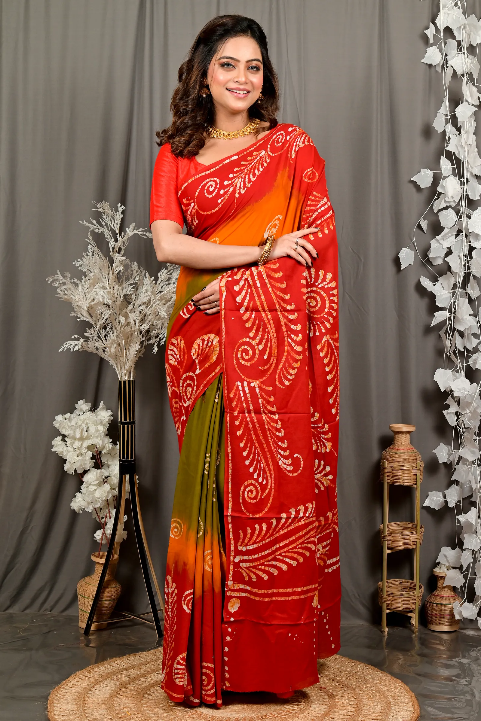 Red Pure Cotton Pihu Batik Print Saree (3147)