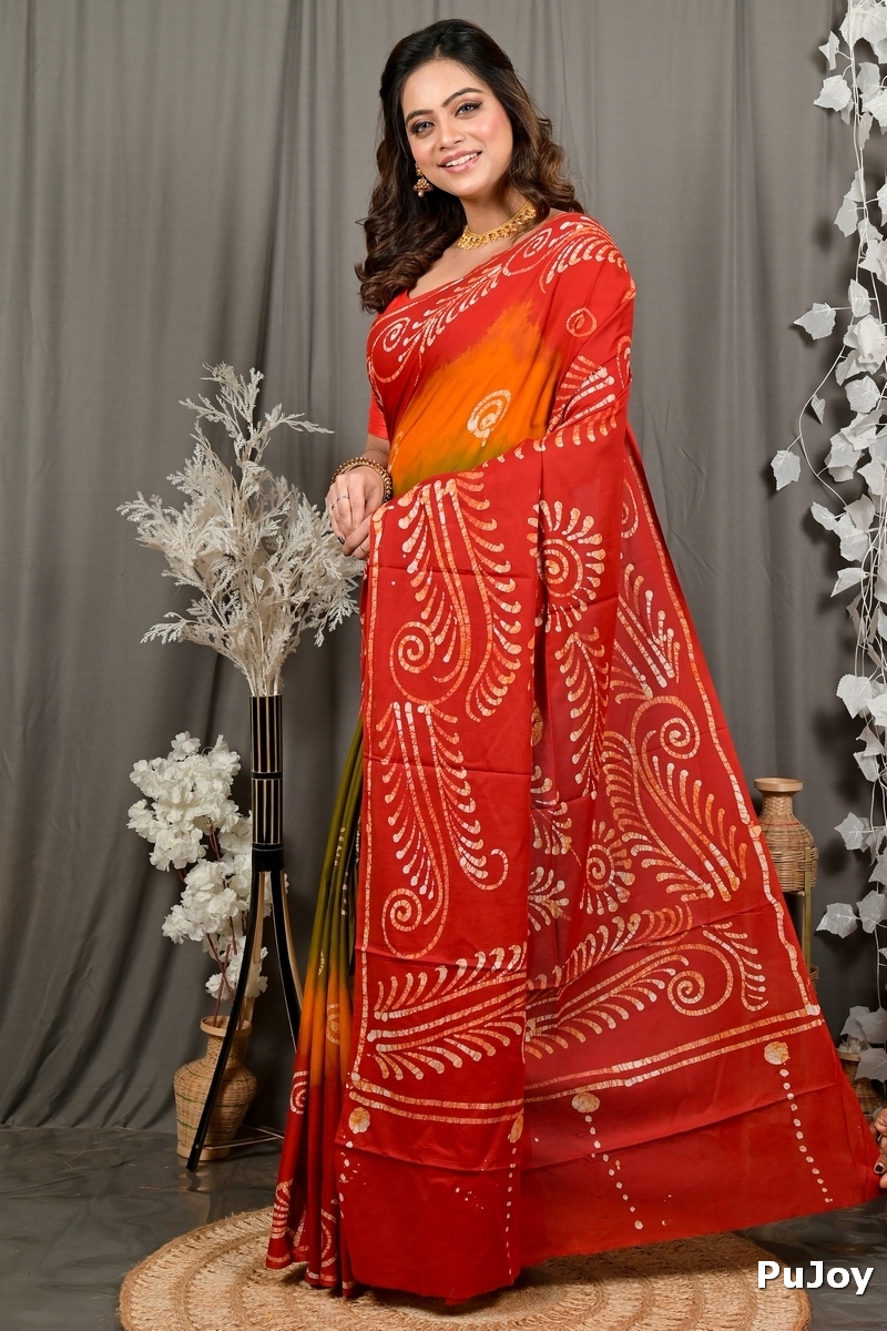 Red Pure Cotton Pihu Batik Print Saree (3147)