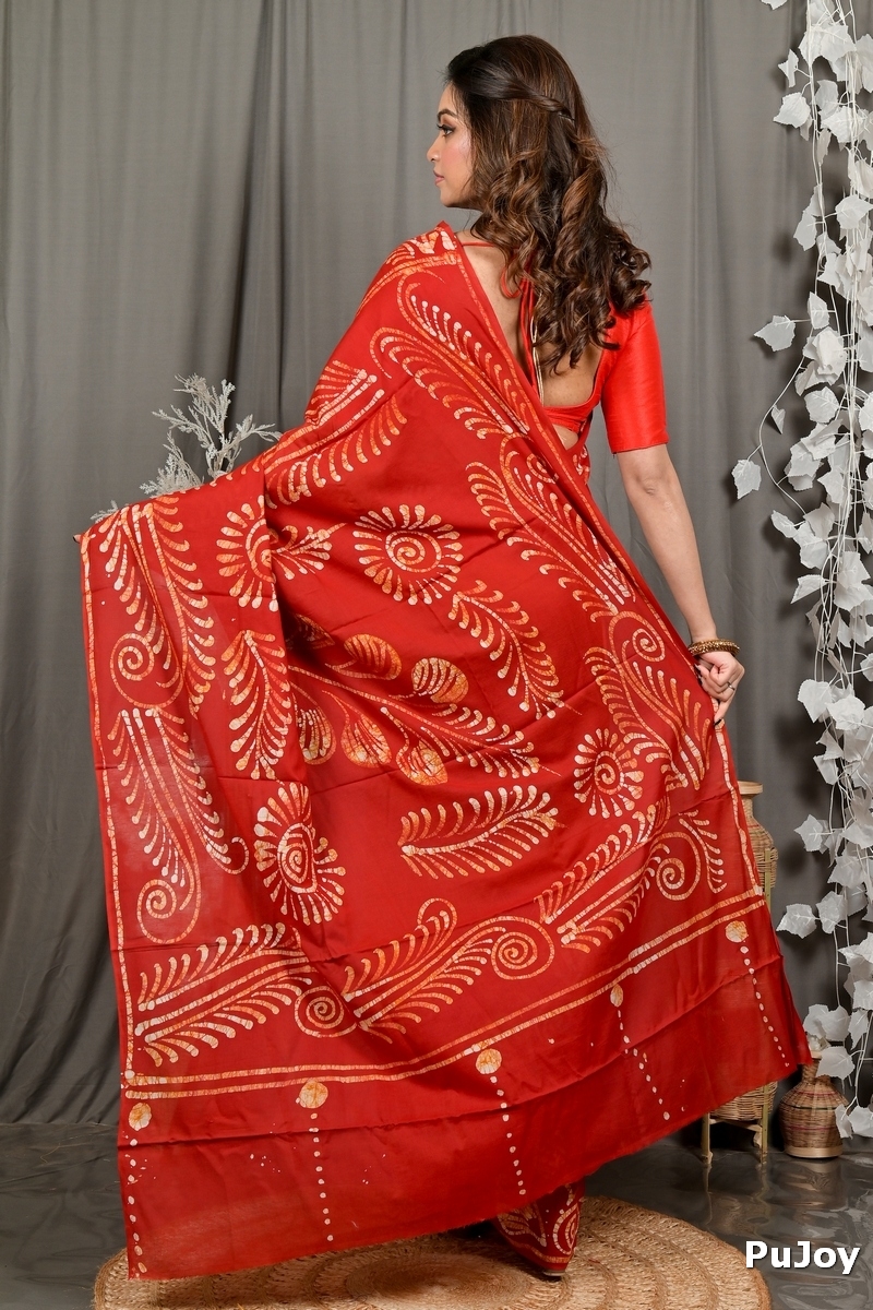 Red Pure Cotton Pihu Batik Print Saree (3147)