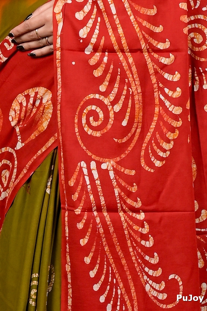 Red Pure Cotton Pihu Batik Print Saree (3147)