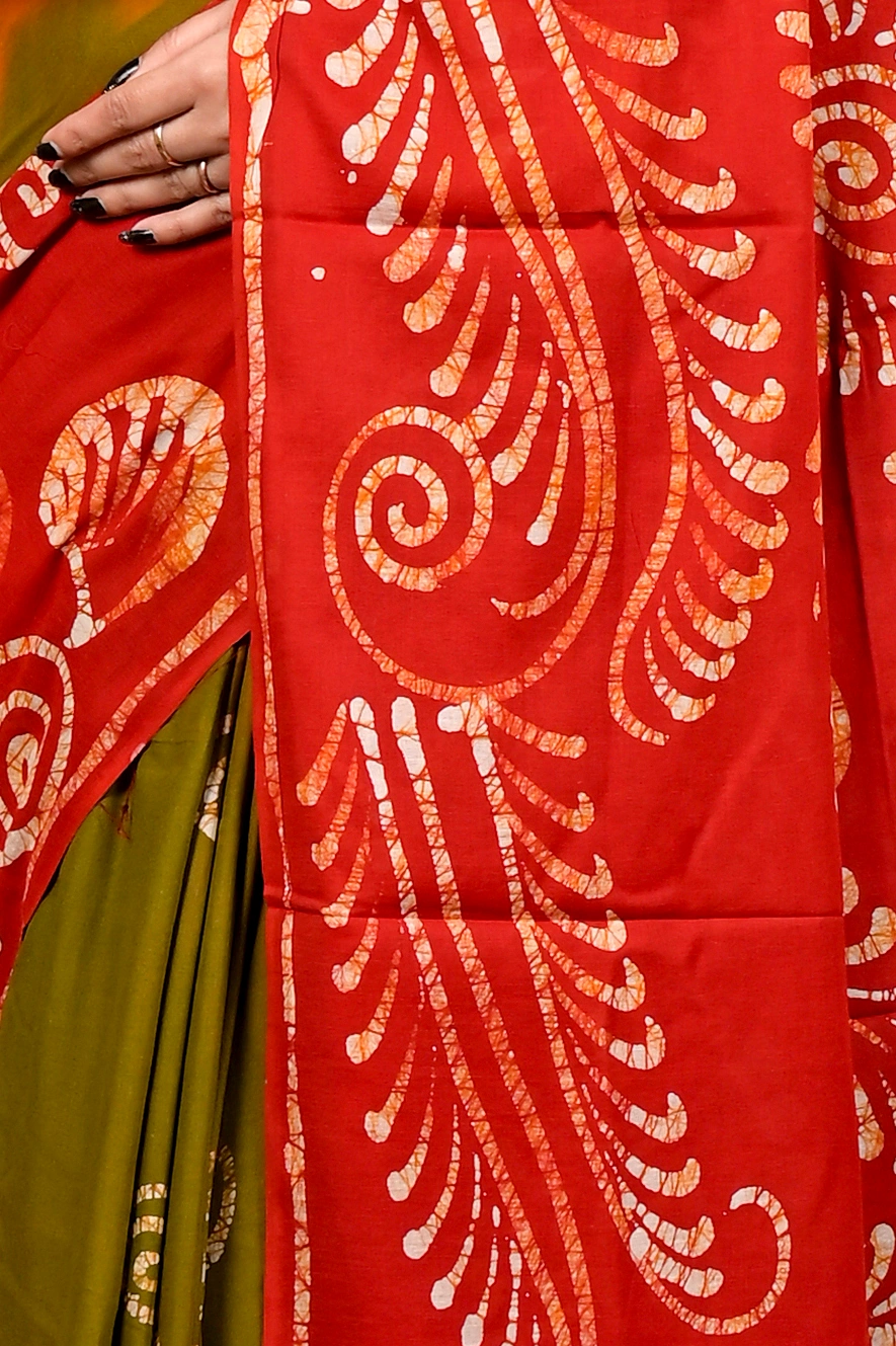 Red Pure Cotton Pihu Batik Print Saree (3147)