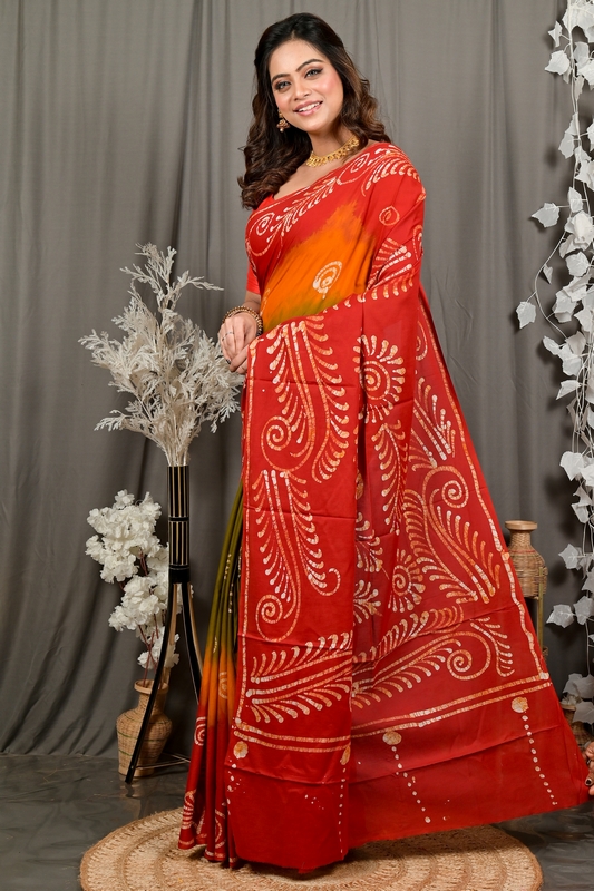 Red Pure Cotton Pihu Batik Print Saree (3147)