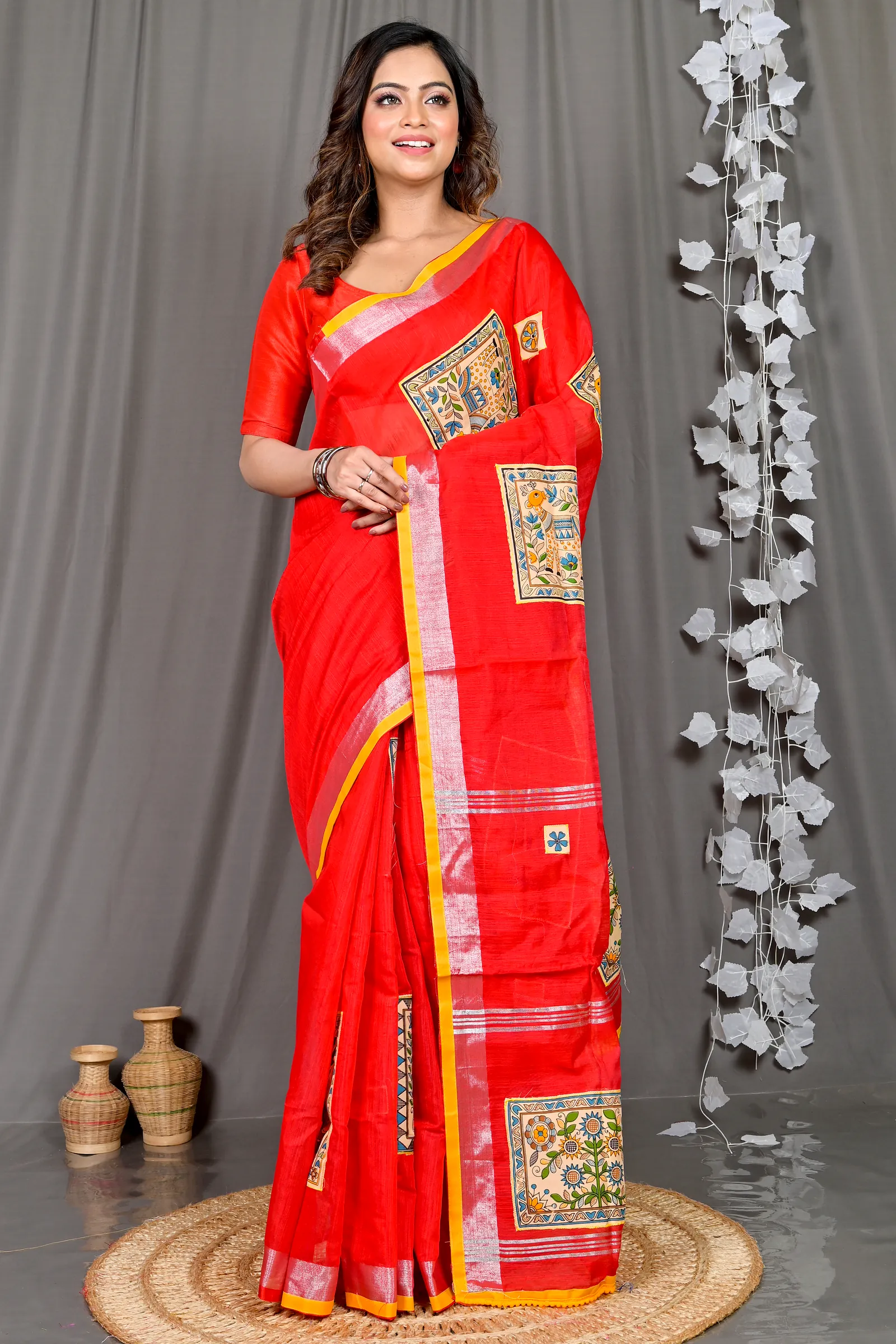 Red Cotton Blended Parija Applique Saree (318)