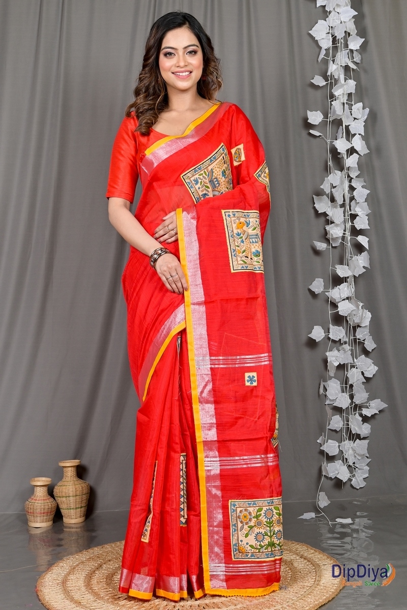 Red Cotton Blended Parija Applique Saree (318)