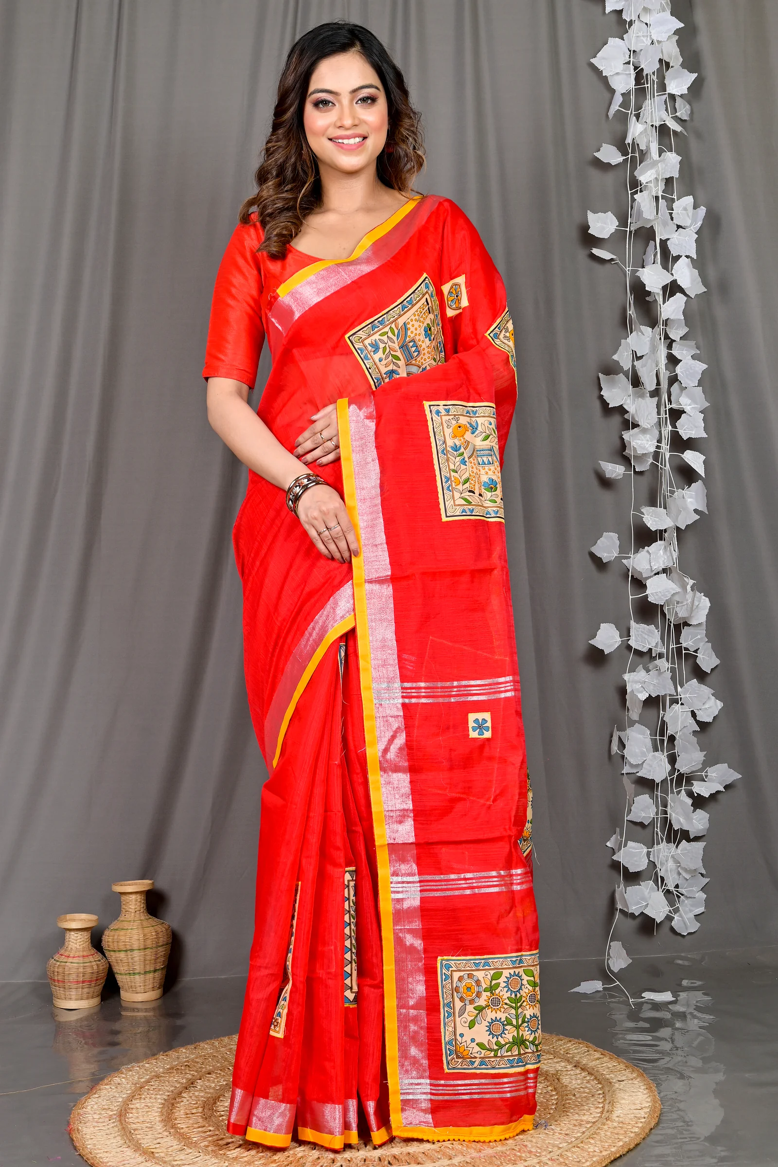 Red Cotton Blended Parija Applique Saree (318)