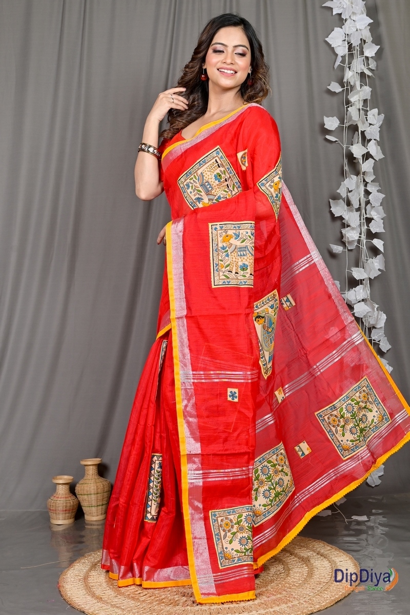 Red Cotton Blended Parija Applique Saree (318)
