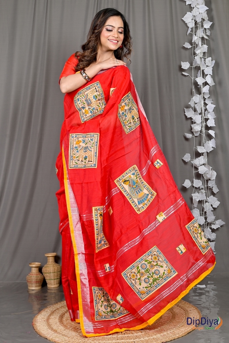 Red Cotton Blended Parija Applique Saree (318)