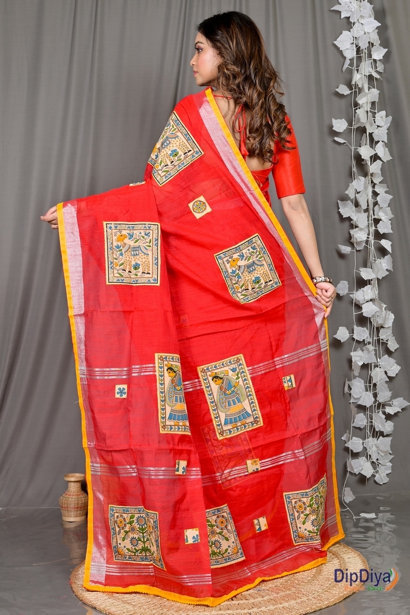 Red Cotton Blended Parija Applique Saree (318)