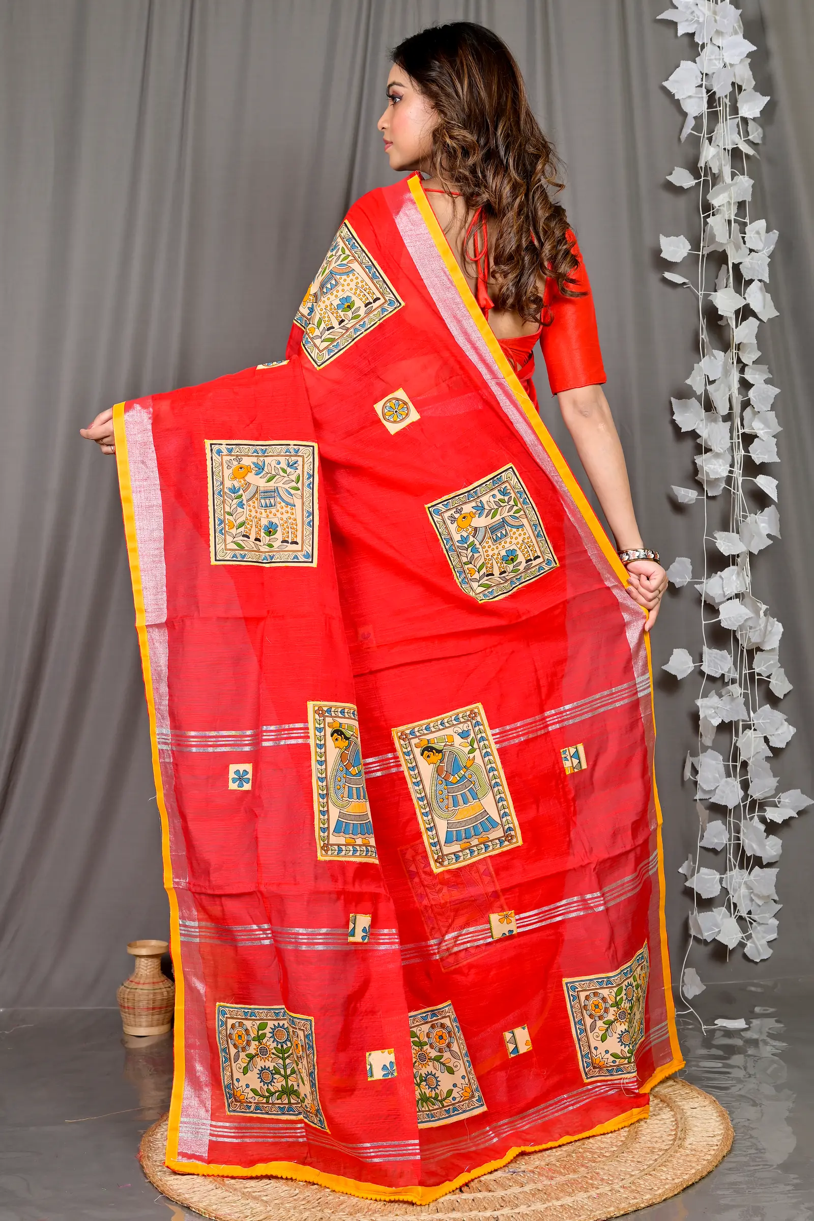 Red Cotton Blended Parija Applique Saree (318)
