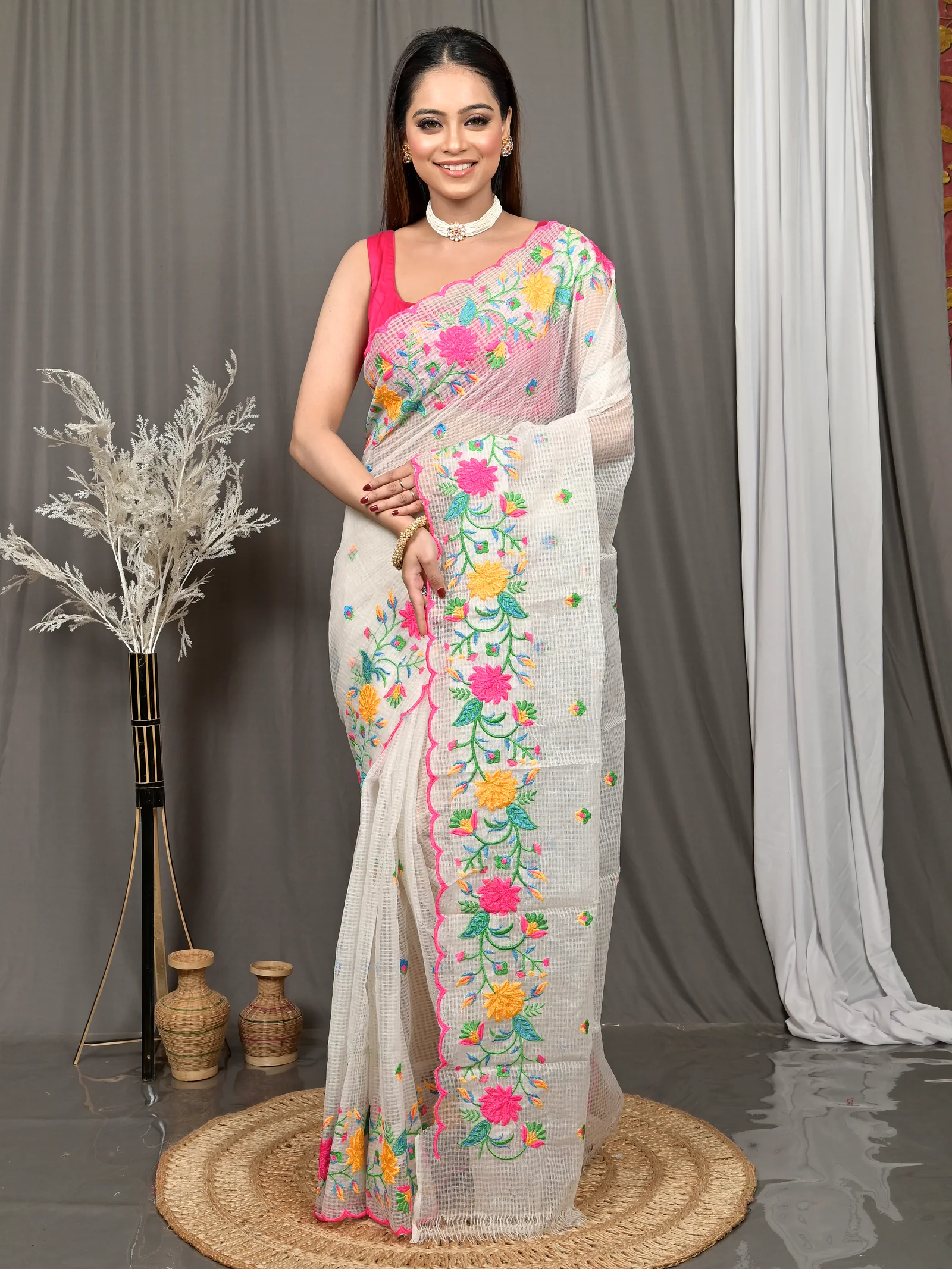 White Cotton Kotambo Mix Kota Embroidery Saree  (32)