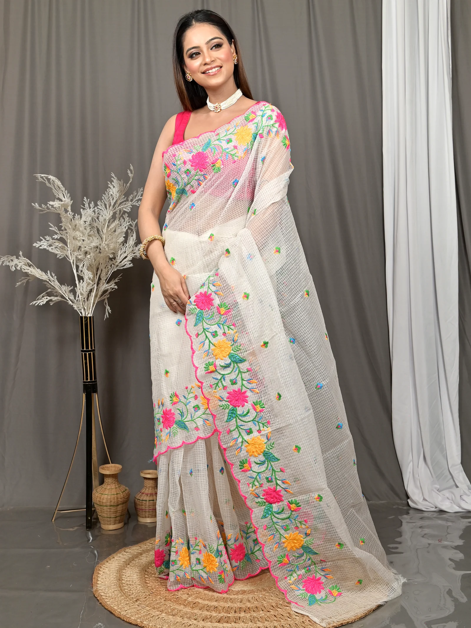 White Cotton Kotambo Mix Kota Embroidery Saree  (32)