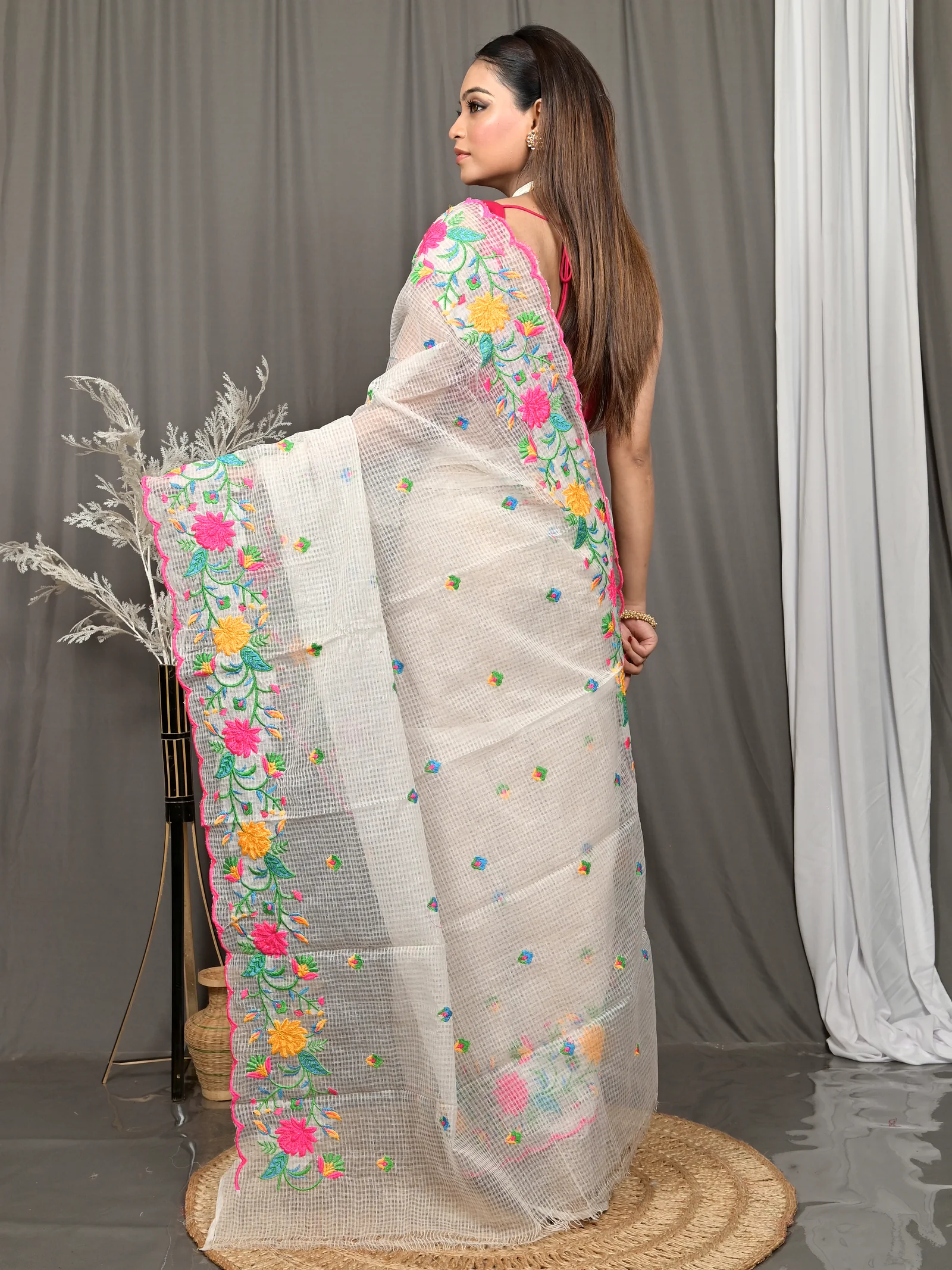 White Cotton Kotambo Mix Kota Embroidery Saree  (32)