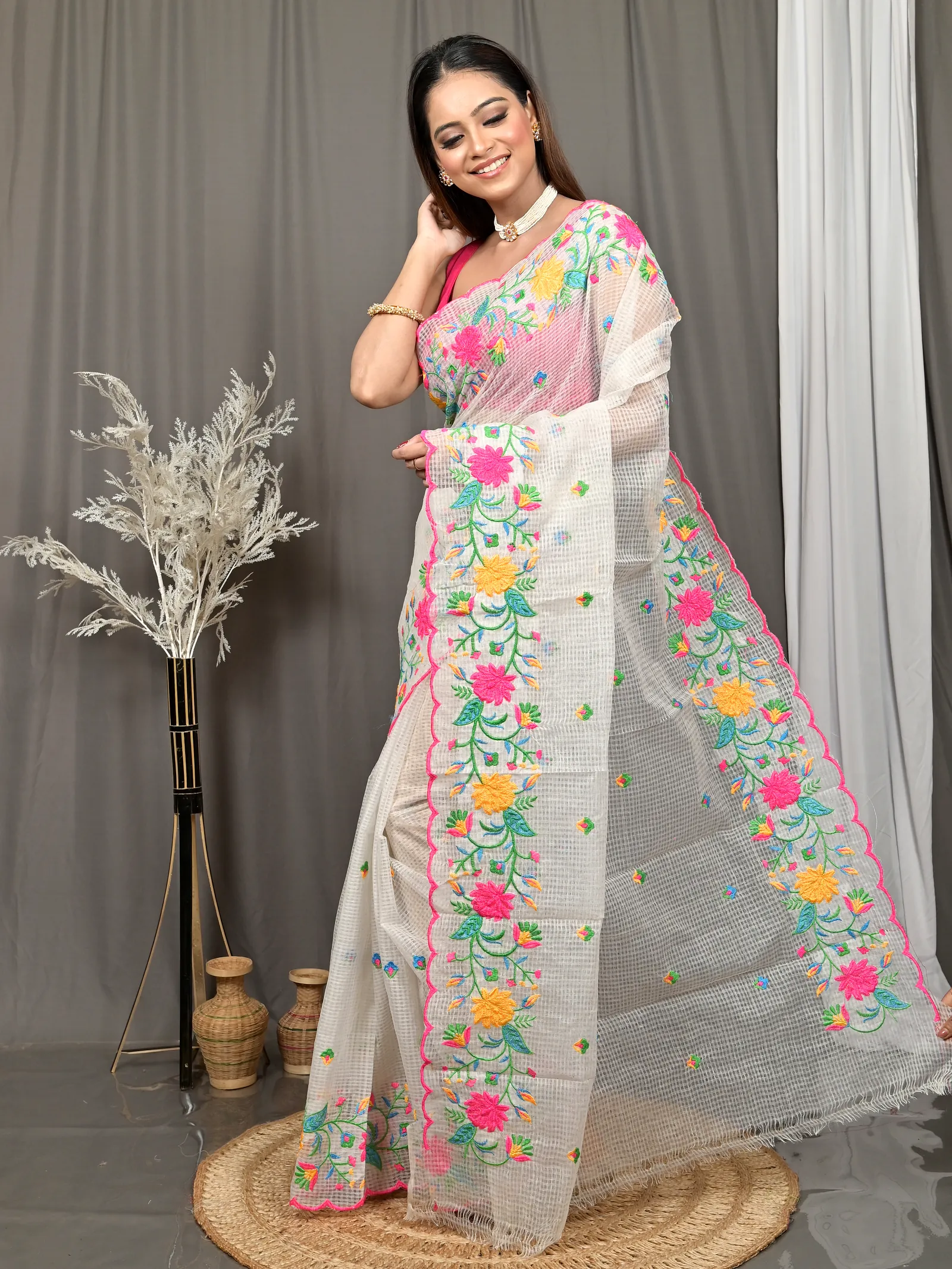 White Cotton Kotambo Mix Kota Embroidery Saree  (32)