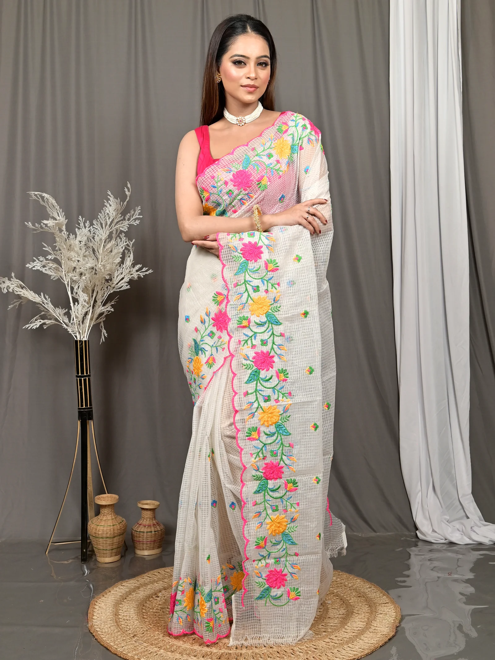 White Cotton Kotambo Mix Kota Embroidery Saree  (32)