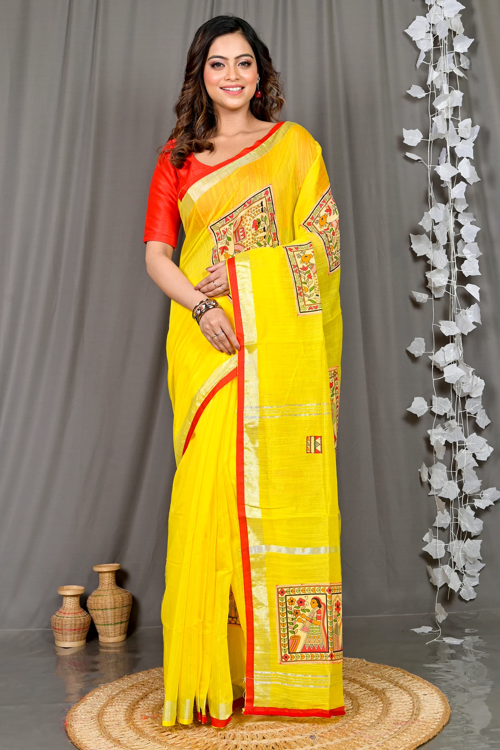 Yellow Cotton Blended Parija Applique Saree (320)
