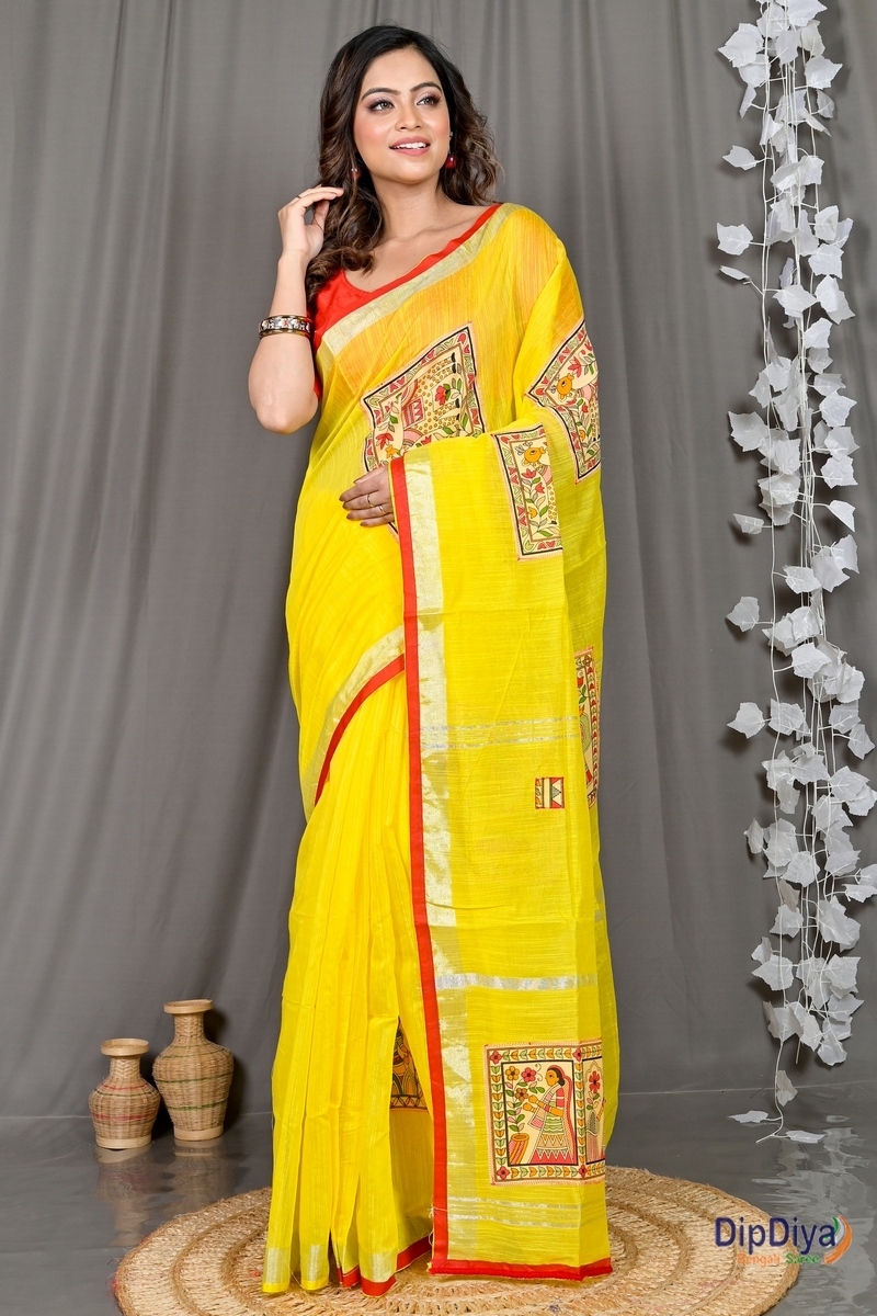 Yellow Cotton Blended Parija Applique Saree (320)