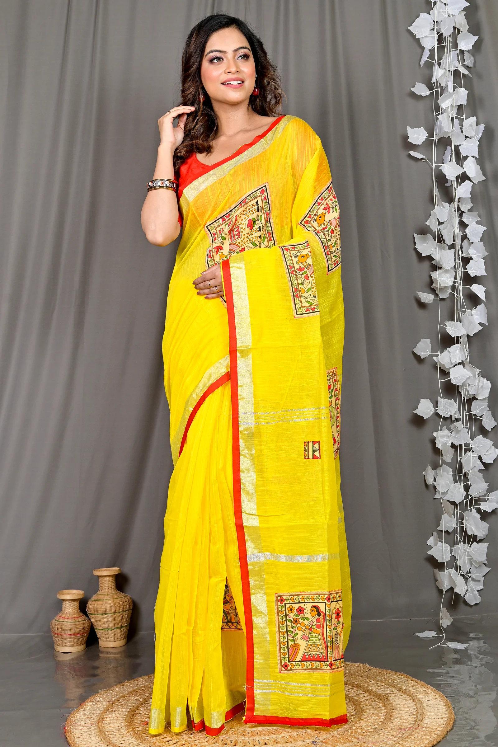 Yellow Cotton Blended Parija Applique Saree (320)