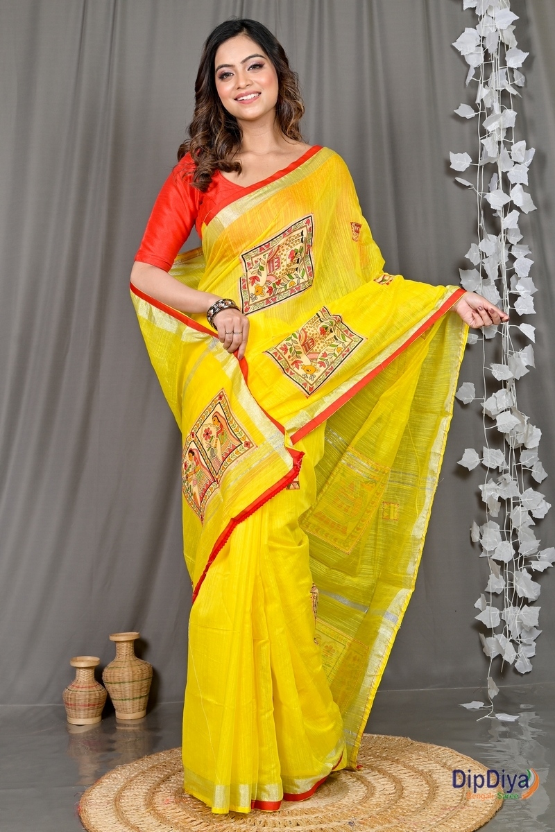 Yellow Cotton Blended Parija Applique Saree (320)