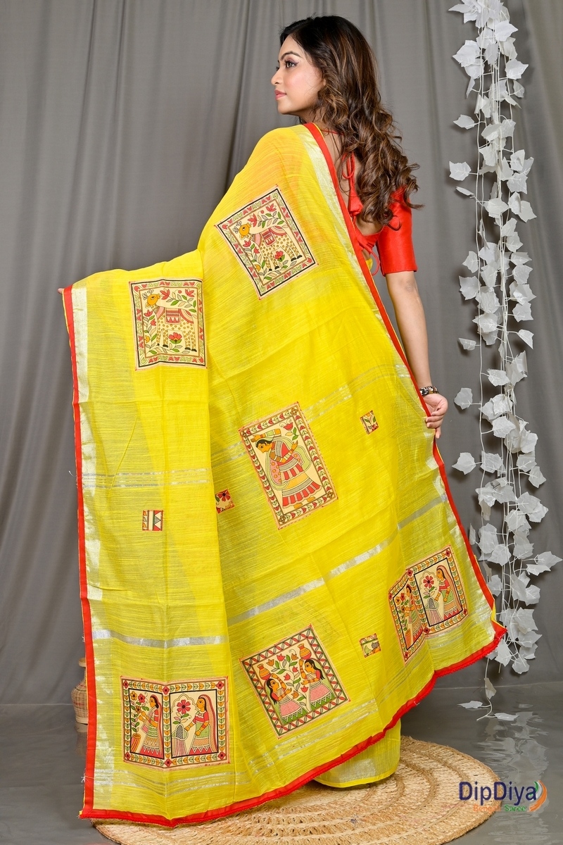 Yellow Cotton Blended Parija Applique Saree (320)