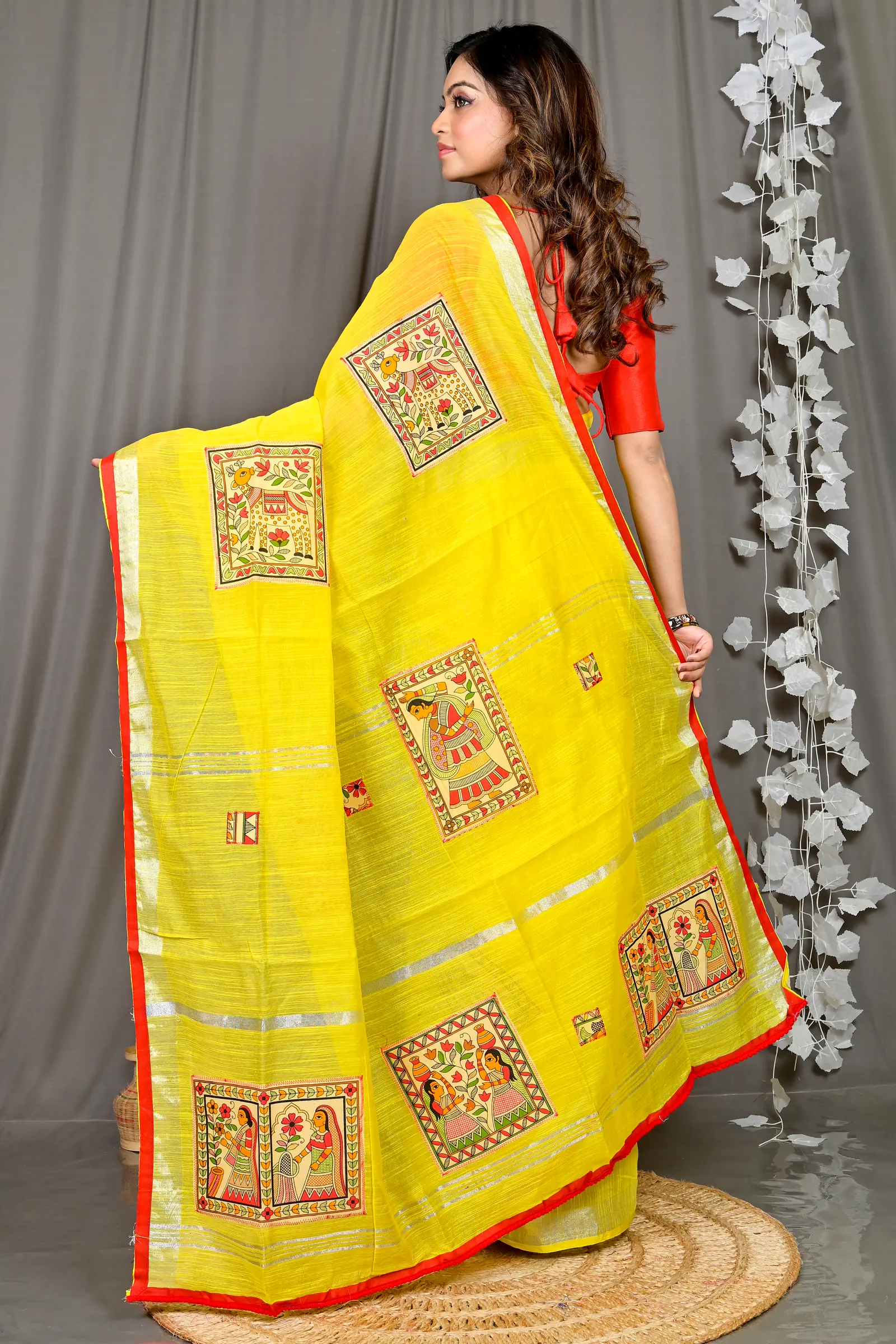 Yellow Cotton Blended Parija Applique Saree (320)